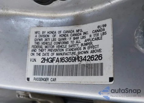 2009 Honda Civic Vp from USA, damaged, VIN 2HGFA16369H342626